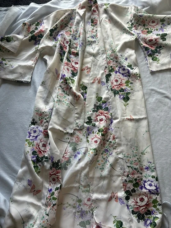Floral Satin Robe in Ivory with Pink & Purple Blooms - Picture 1 of 8